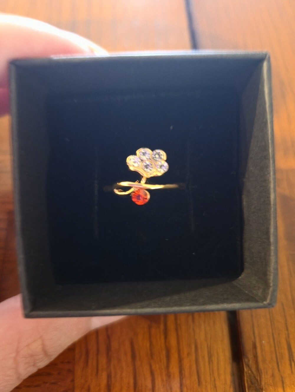 14k Gold Plated 925 Silver Floral Crystal Ring with Red Accent | Size 4.5-5